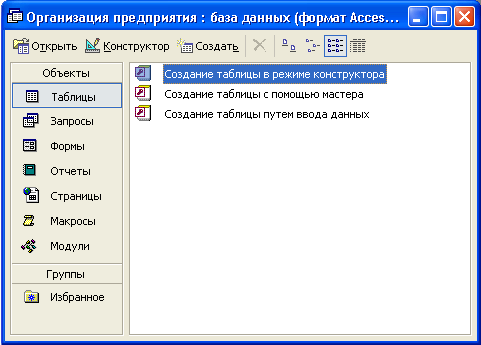 Окно новой базы данных Access 2002