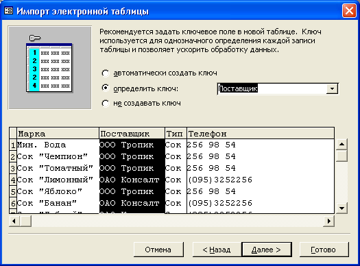 Пятое диалоговое окно Мастера импорта электронной таблицы