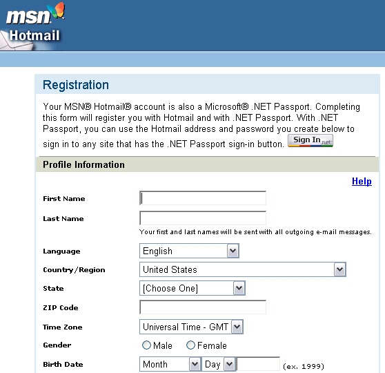 Окно регистрации на Hotmail.com 