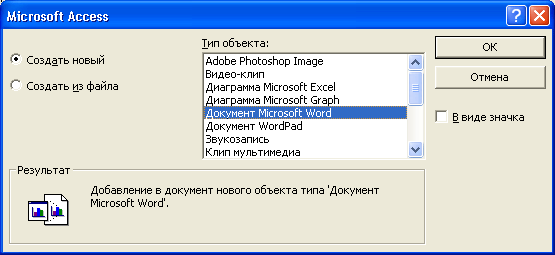 Окно Microsoft Access, используемое для вставки рисунка с помощью свободной рамки объекта