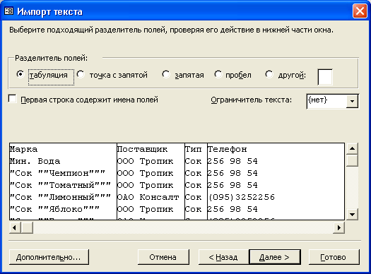 Второе диалоговое окно Мастера импорта текстов для текстовых файлов с разделителями