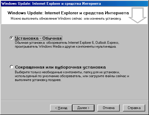 Диалоговое окно Windows Update: Internet Explorer и средства Интернета, выбор типа установки 