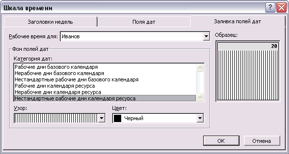 Вкладка диалогового окна форматирования временной шкалы, содержащая параметры заливки полей дат