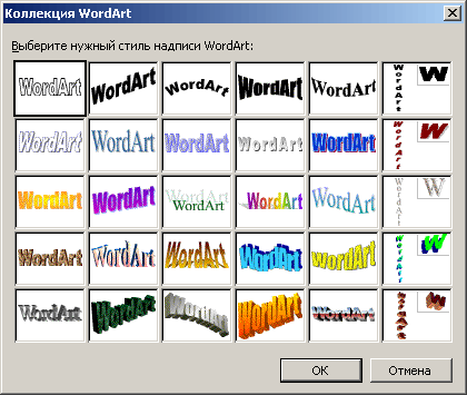 Диалоговое окно Коллекция WordArt